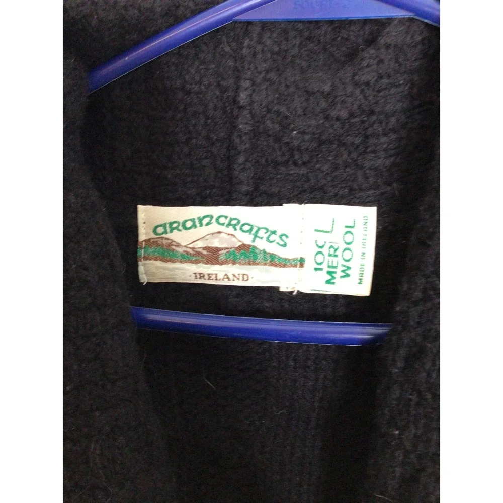 Aran Crafts Cardigan Sweater Womens L Black Excellent Merino Wool Irish Cable
